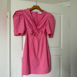 Ganni Pink Puff Sleeve Mini Dress V-Neck